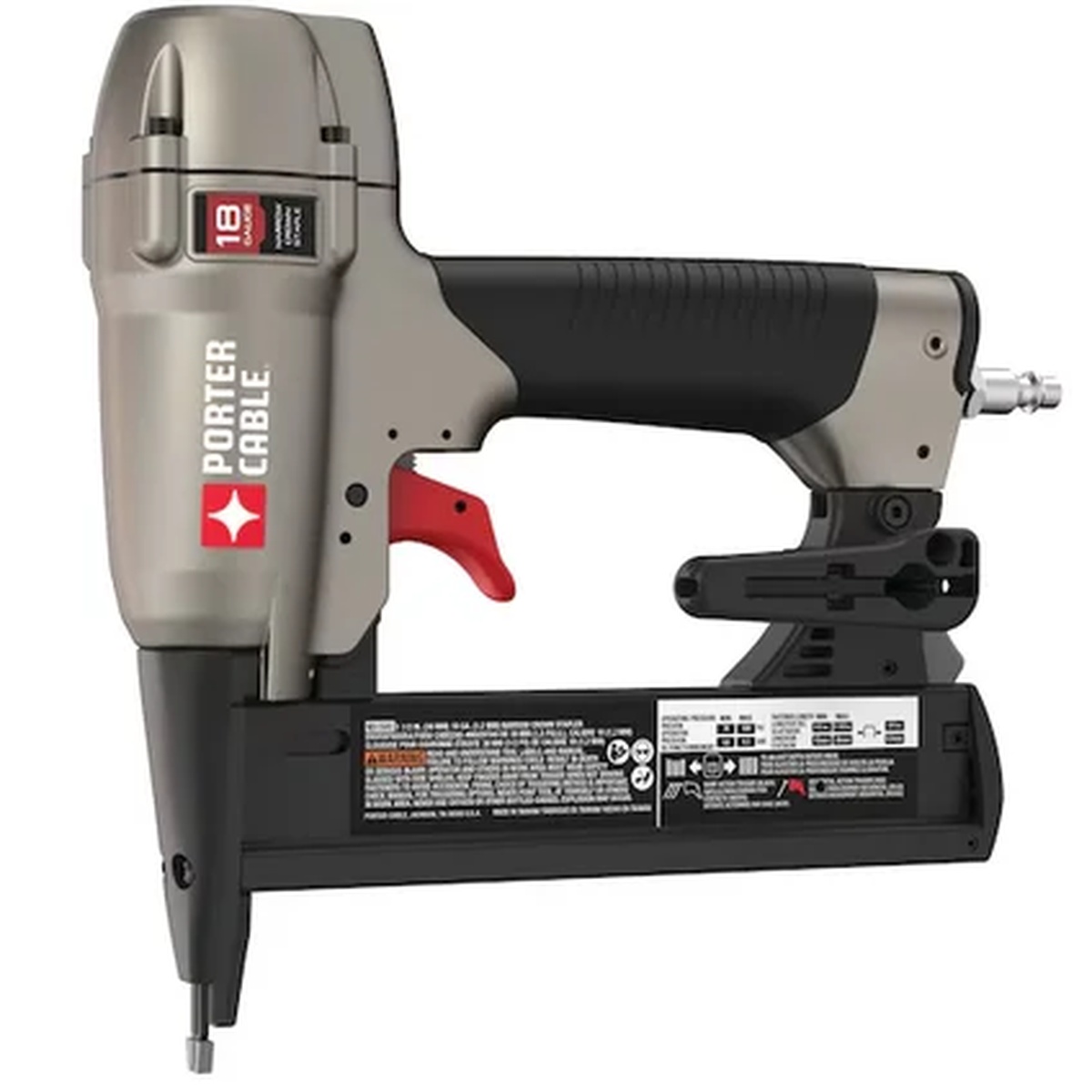 Porter Cable NS150C Pneumatic 18-Gauge 1-1/2 in. Narrow Crown Stapler Kit showing compact stapler body for cabinet shop and trim fastening tasks