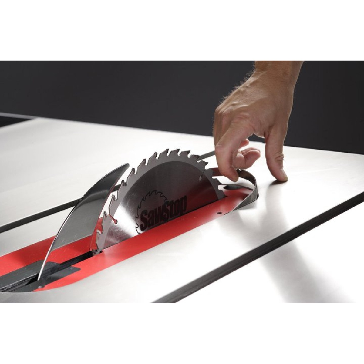 SawStop TSI-SLD Standard Lock Down Insert installed in a table saw around a standard 10 inch blade for zero-clearance cutting in a woodworking shop