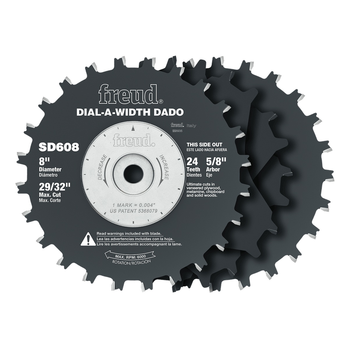 Freud SD608 8-Inch Dial-A-Width Stacked Dado Sets product view showing stacked dado blades for table saw joinery work