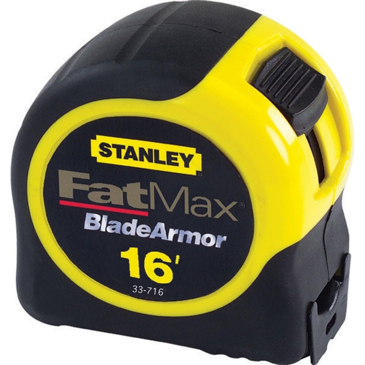 STANLEY FATMAX Tape Measure with Blade Armor, 16-Foot (33-716) compact tape measure on a clean background showing the high-impact case and slide lock for everyday measuring and layout work