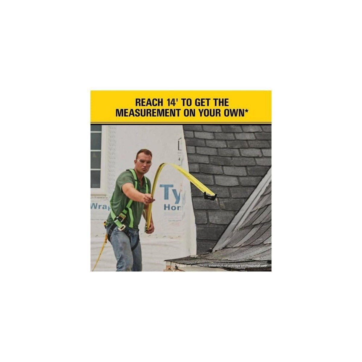 STANLEY FATMAX Tape Measure, 25-Foot (33-725) extended during roof and exterior jobsite measuring work for one-person layout