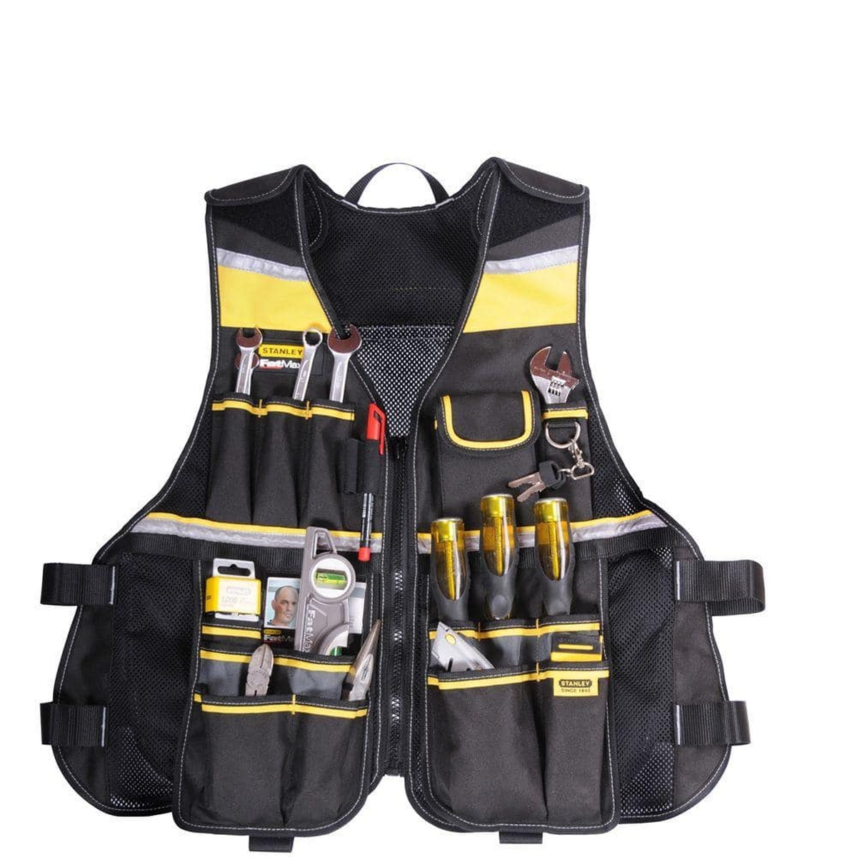 Stanley FMST530201 FatMax Tool Vest loaded with hand tools for electrical and maintenance work on a jobsite