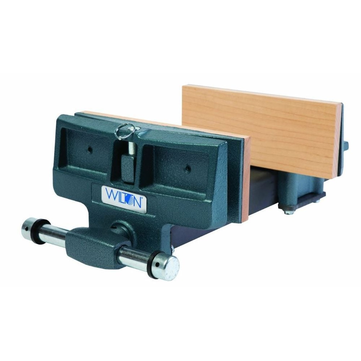 Wilton 63218 79A Pivot Jaw Woodworkers Vise mounted for woodworking bench use, showing wide jaws with maple inserts for clamping boards and irregular stock in a shop setting