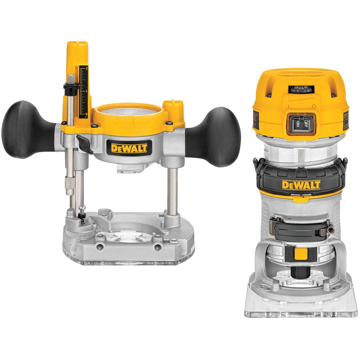 DEWALT DWP611PK compact router combo kit with plunge base and fixed base for woodworking, shown as a two-base routing setup for trim work, grooves, and edge profiling