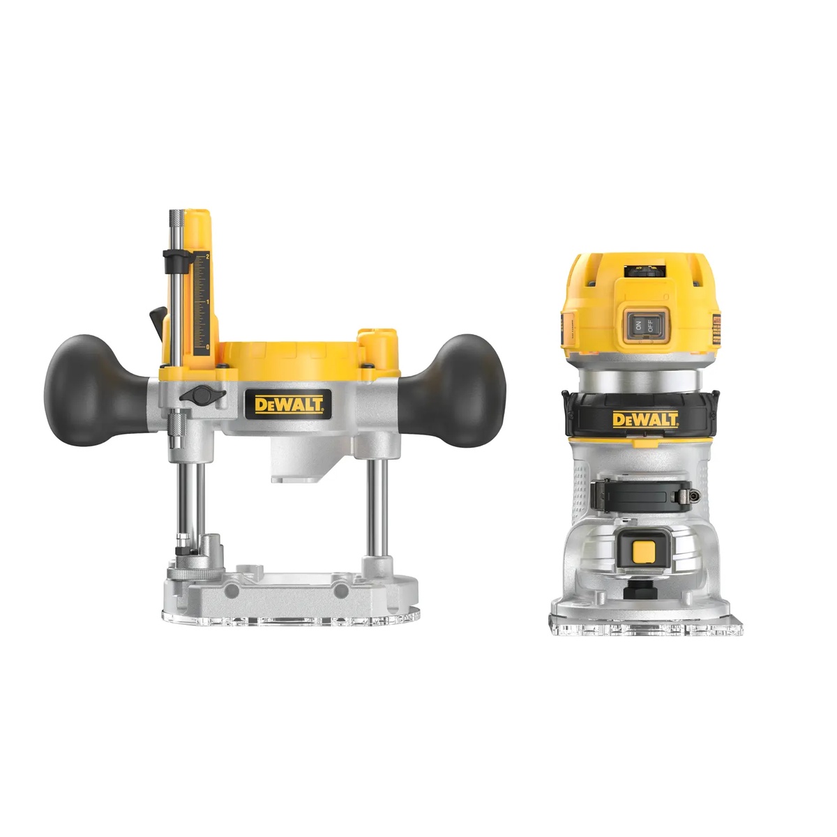 DEWALT DWP611PK variable speed compact router shown in fixed base and plunge base configurations for detailed woodworking and trim routing where clear sightlines matter