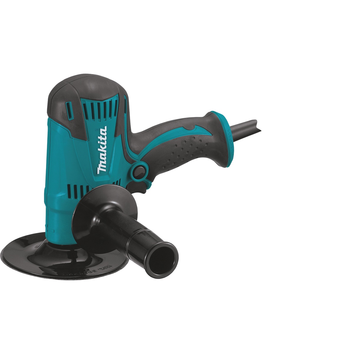 Makita GV5010 5-Inch Disc Sander with side handle and sanding pad installed for surface prep work in a shop or jobsite setting