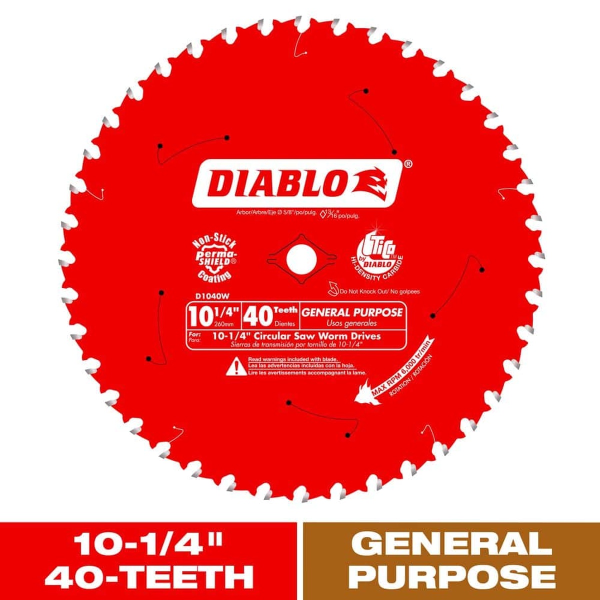 Diablo D1040W 10-1/4 in. 40-Tooth General Purpose Beam Saw Blade shown as a carbide circular saw blade for wood cutting on beam saw and worm drive jobs