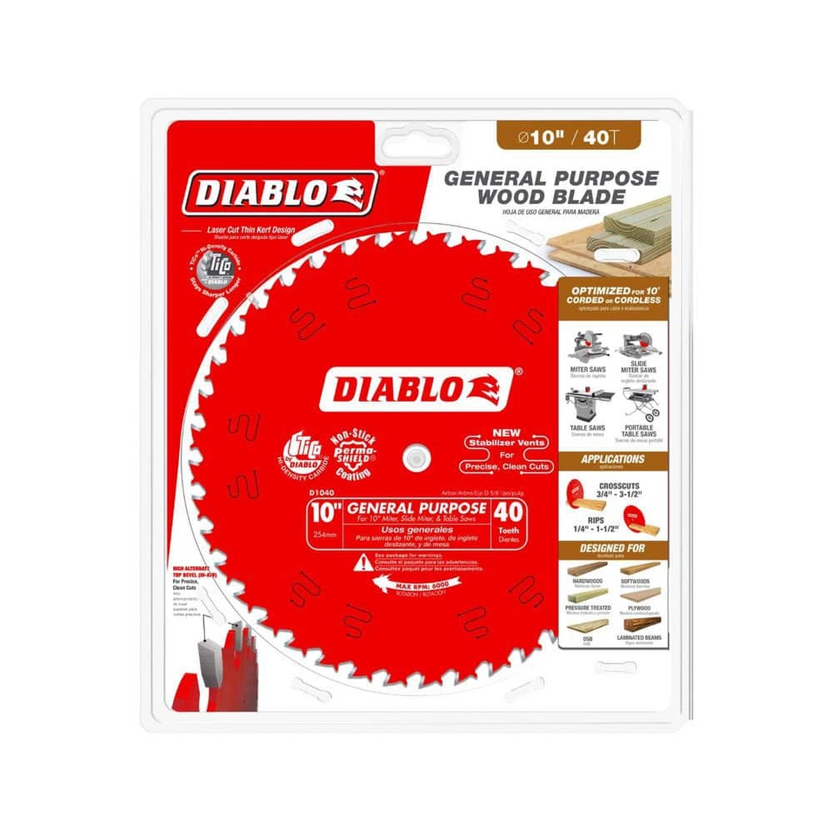 Packaged Diablo D1040W 10-1/4 in. 40-Tooth General Purpose Beam Saw Blade for jobsite circular saw use in wood framing and sheet goods