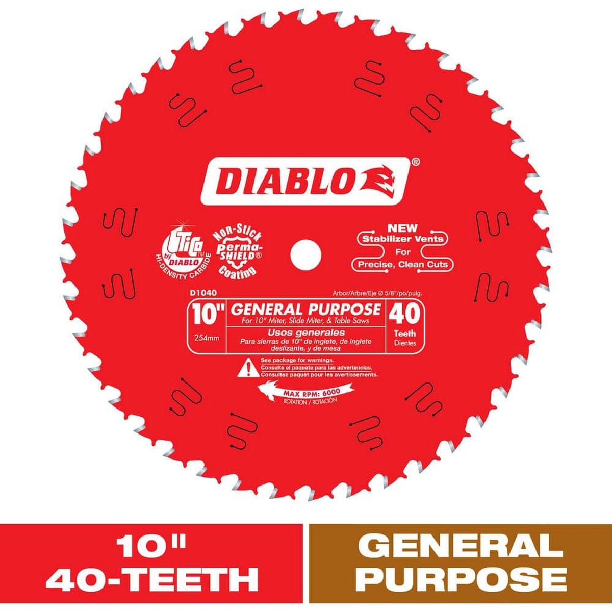 Diablo D1040X 10 in. x 40-Tooth General Purpose Saw Blade on a clean background for wood cutting on miter saws and table saws
