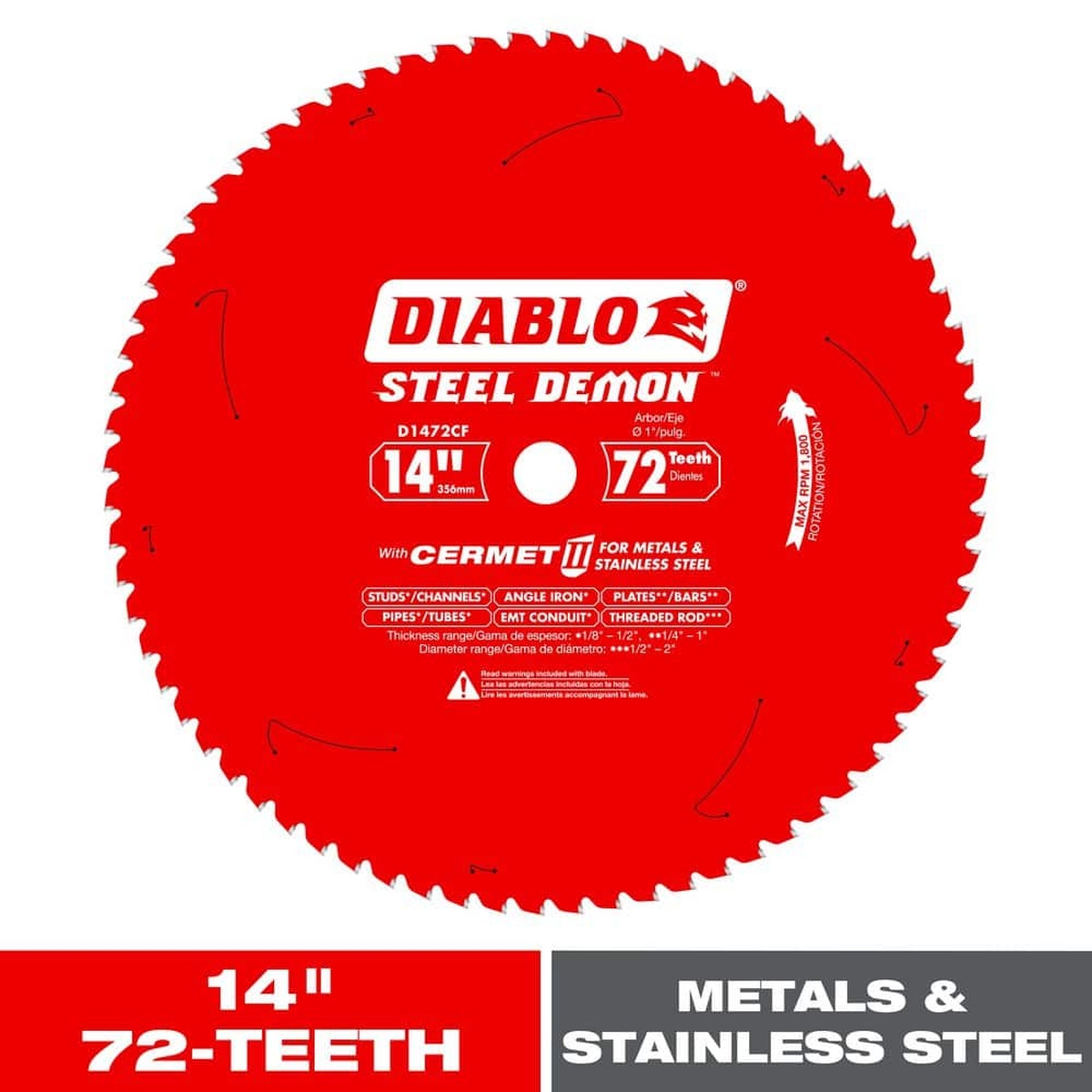 Diablo D1472CF 14 in. x 72-Tooth Steel Demon Cermet II Circular Saw Blade for medium metal cutting on a low RPM chop saw in steel fabrication work