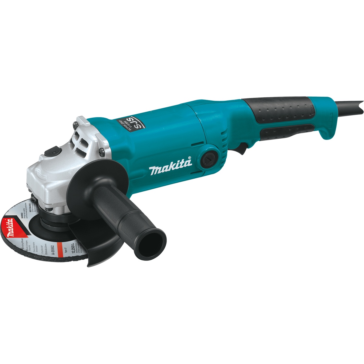 Makita GA5020 5 inch SJS Angle Grinder with side handle, wheel guard, and grinding wheel installed for metal grinding and cut-off work in shop or jobsite use