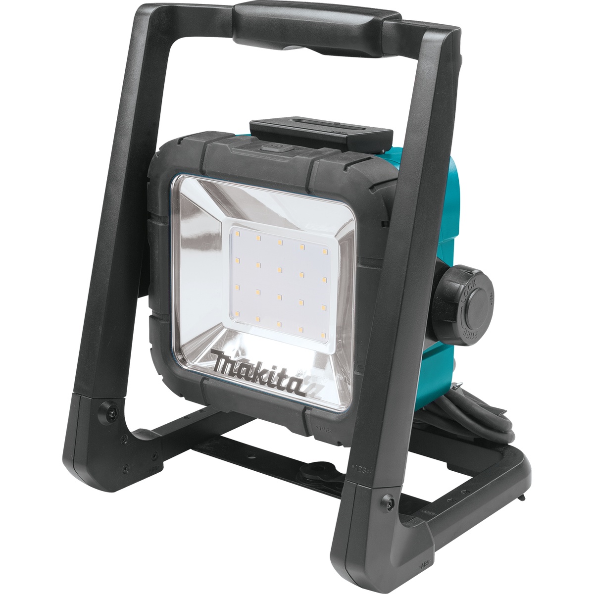 Makita DML805 18V LXT Lithium-Ion Cordless/Corded 20 LED Work Light set up on its stand for area lighting in a workshop or jobsite work zone