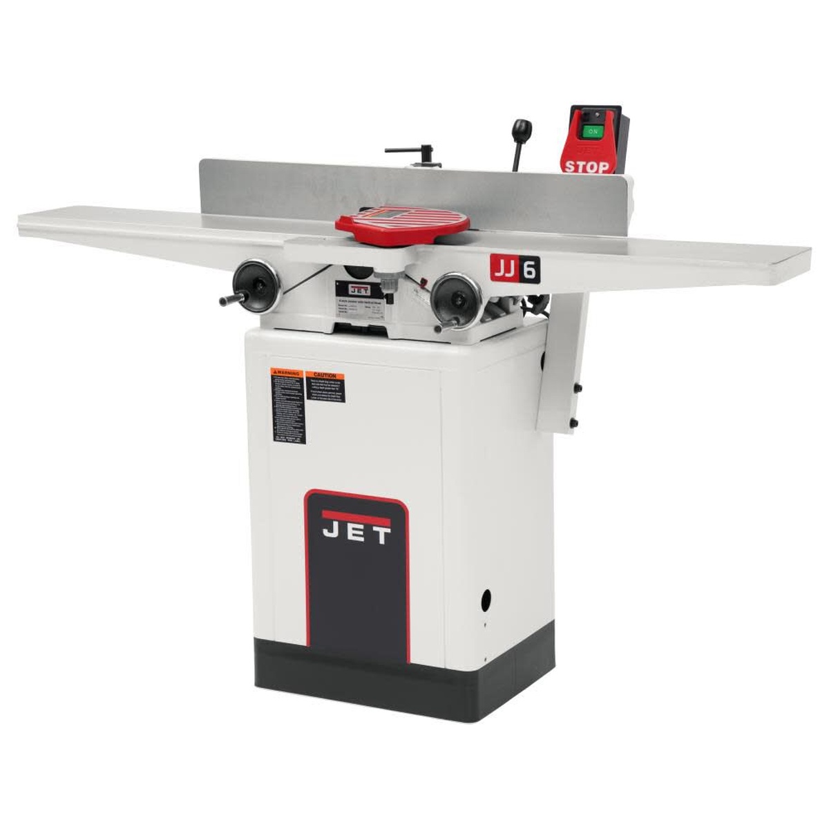 Jet 708466DXK JJ-6HHDX 6 inch long bed jointer full machine view with long cast iron tables and fence set up for board jointing in a woodworking shop