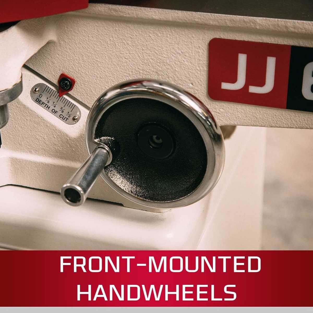 Jet 708466DXK JJ-6HHDX 6 inch long bed jointer front-mounted handwheel and depth of cut scale for precise jointer adjustment during board milling