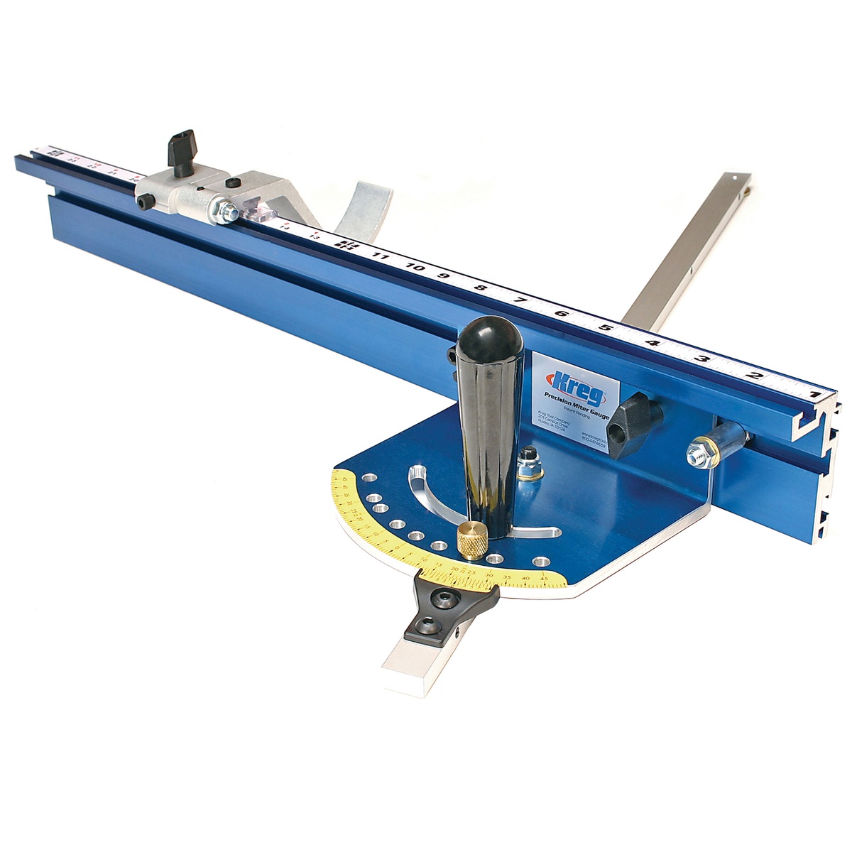 Kreg KMS7102 Precision Miter Gauge System set up for table saw miter cutting with aluminum fence, swing stop, and angle head in a woodworking shop context