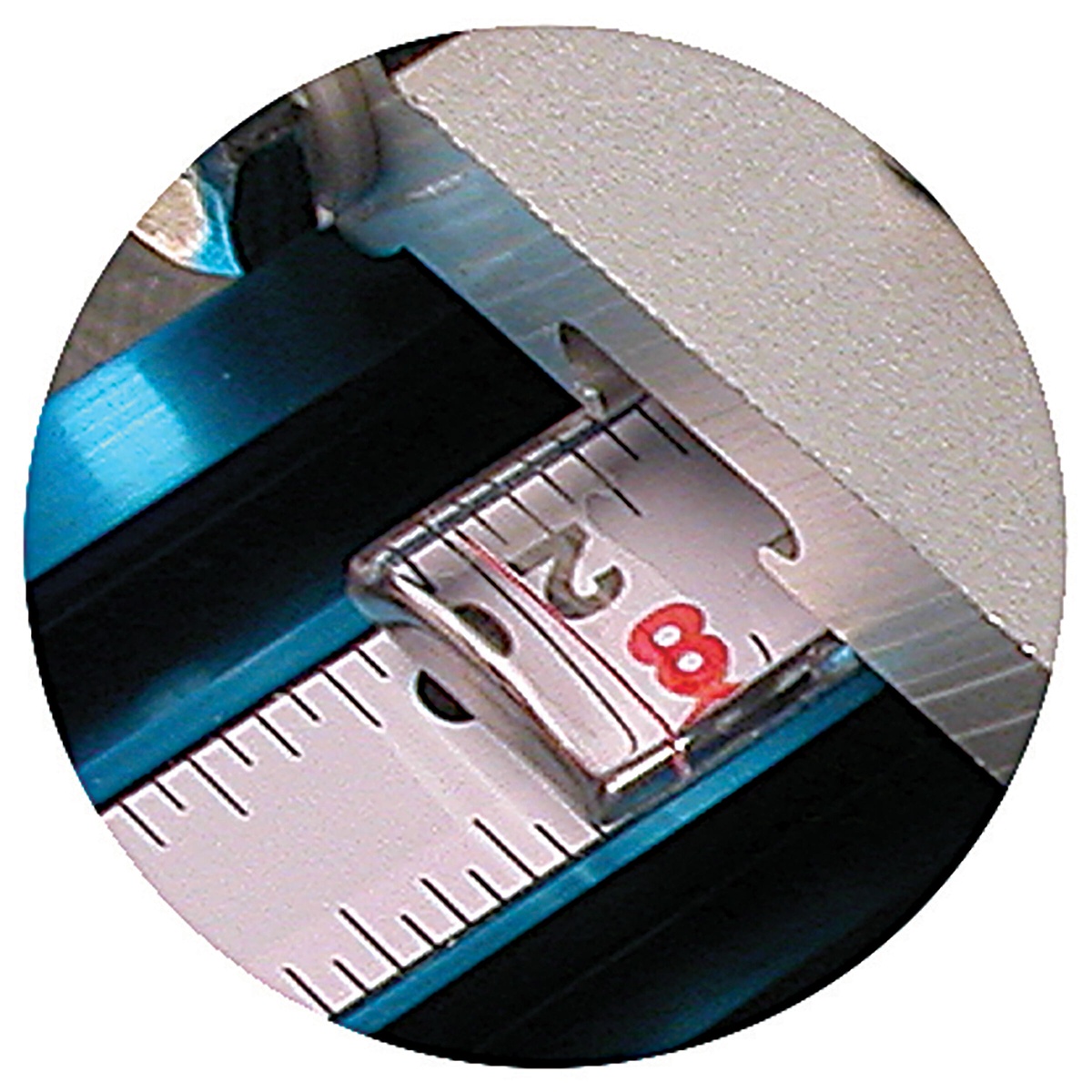 Kreg KMS7102 Precision Miter Gauge System lens cursor aligned on measuring tape for repeatable table saw crosscut sizing during woodworking