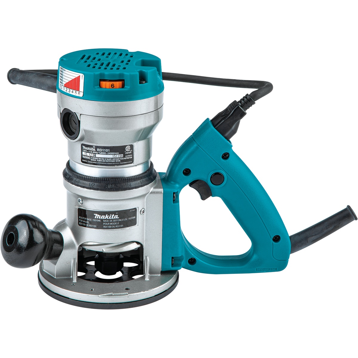 Makita RD1101 D-Handle Router product view showing the corded woodworking router with D-handle, front knob, and fixed base for handheld routing and edge profiling in a shop or jobsite setting