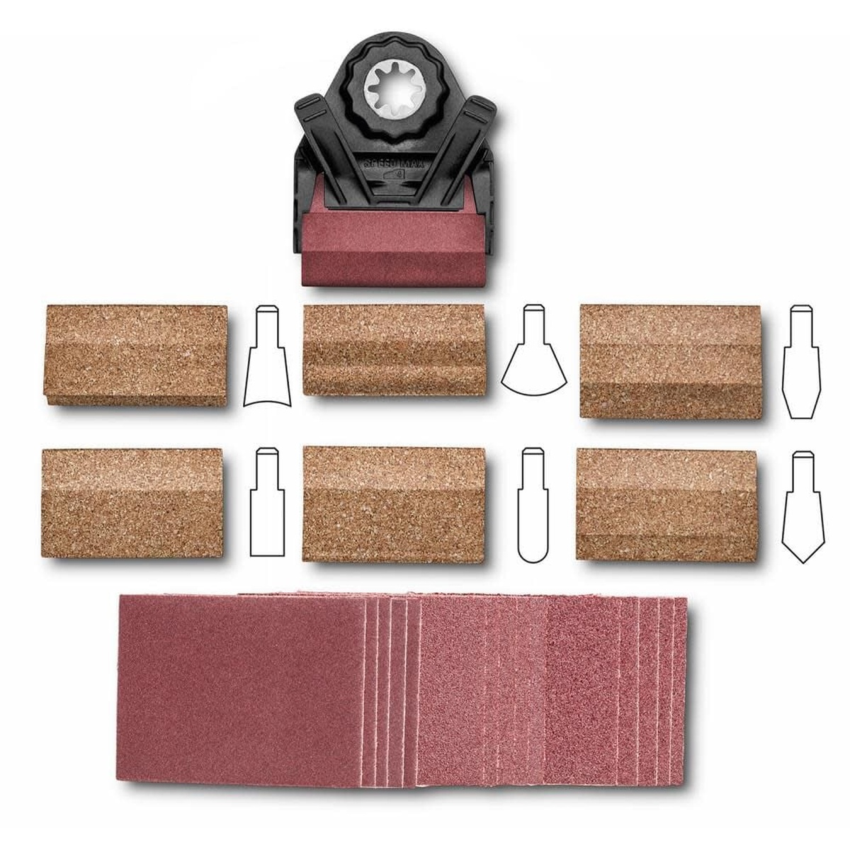 Fein 63810031010 Profile Sanding Set with attachment holder, six profile inserts, and sanding sheets for sanding trim profiles, grooves, and edge details in woodworking and remodeling work