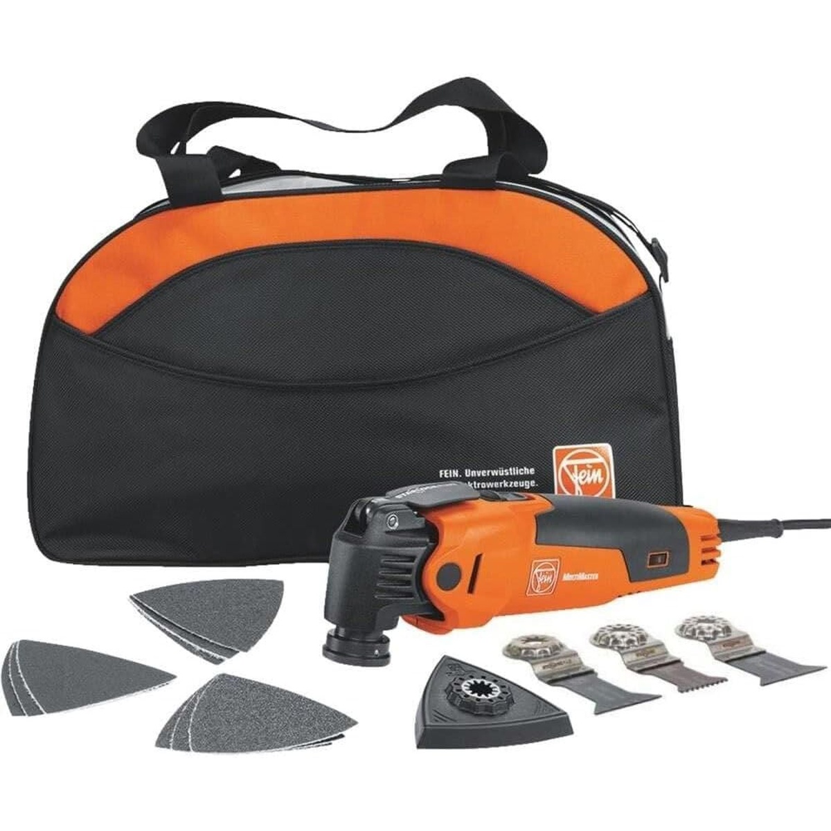 Fein MultiMaster MM 500 Start Q Oscillating Multi-Tool kit with soft bag, sanding pad, blades, and sanding sheets for renovation work