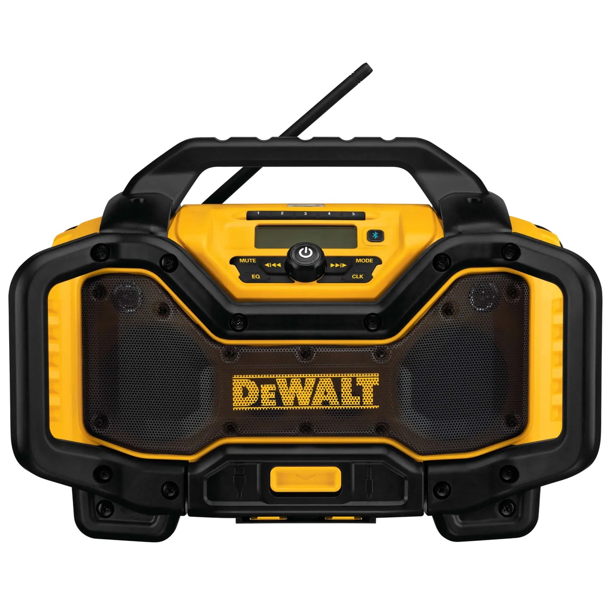 DEWALT DCR025 Jobsite Radio Charger front view showing the control panel and speaker layout for shop and jobsite audio use