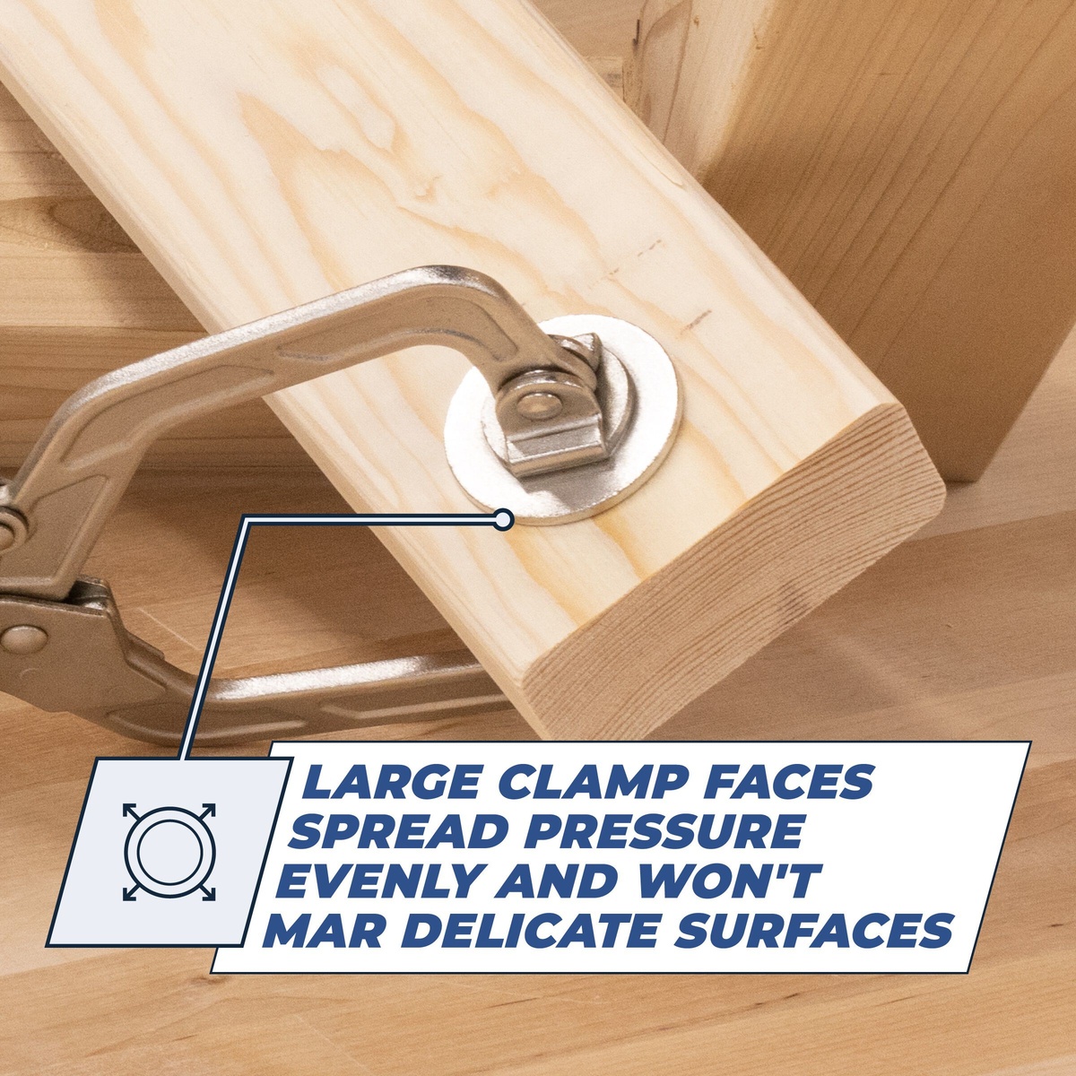 Kreg KHC3 3 inch Wood Project Clamp holding a wood board during assembly with wide clamp faces to spread pressure across finished woodworking surfaces