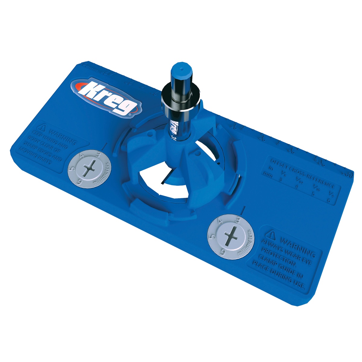 Kreg Concealed Hinge Jig with carbide-tipped 35 mm drill bit installed for drilling concealed cabinet door hinge cup holes in woodworking and cabinet installation