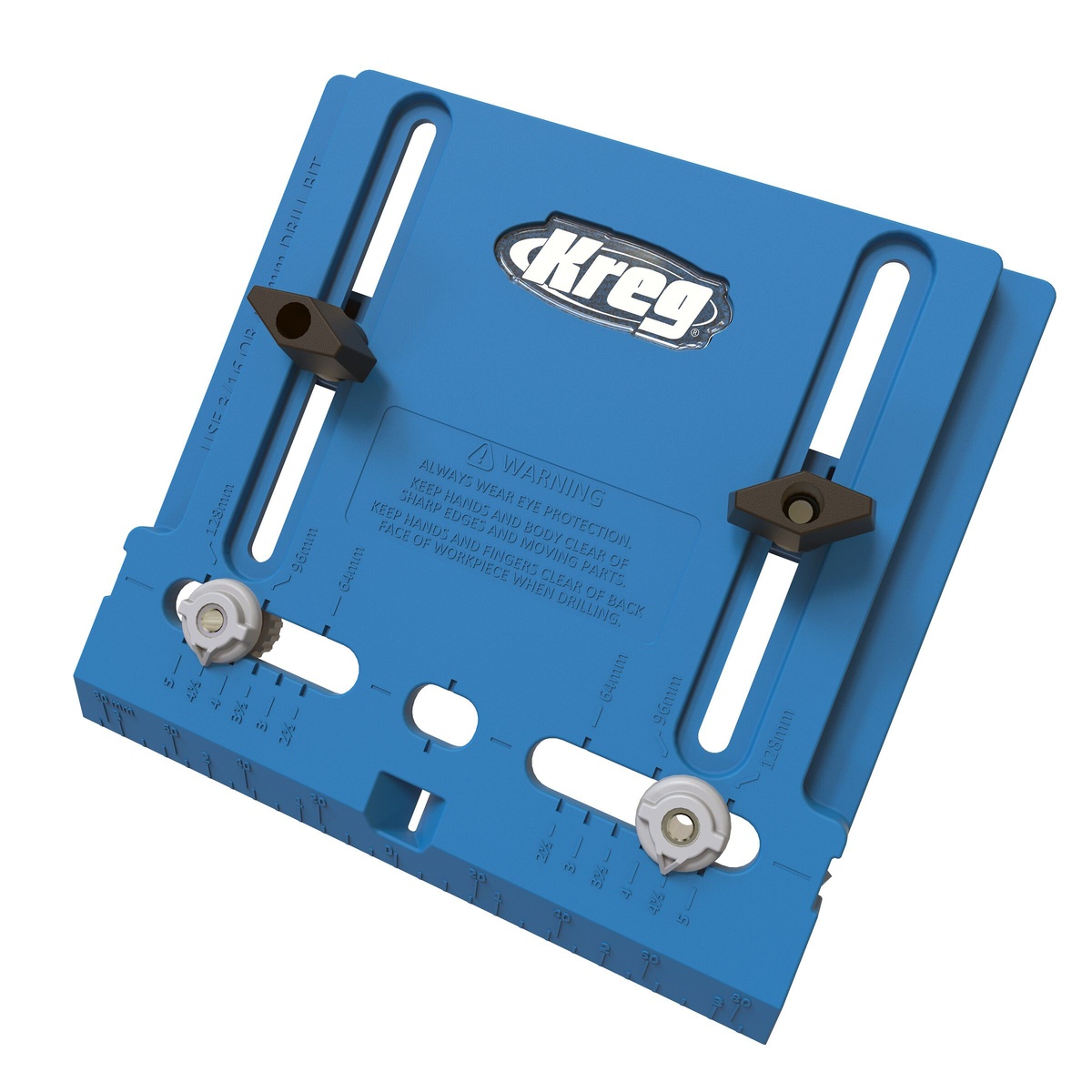 Kreg KHI-PULL Cabinet Hardware Jig showing hardened-steel drill guide positions and edge reference features for accurate cabinet handle drilling on finished wood pieces