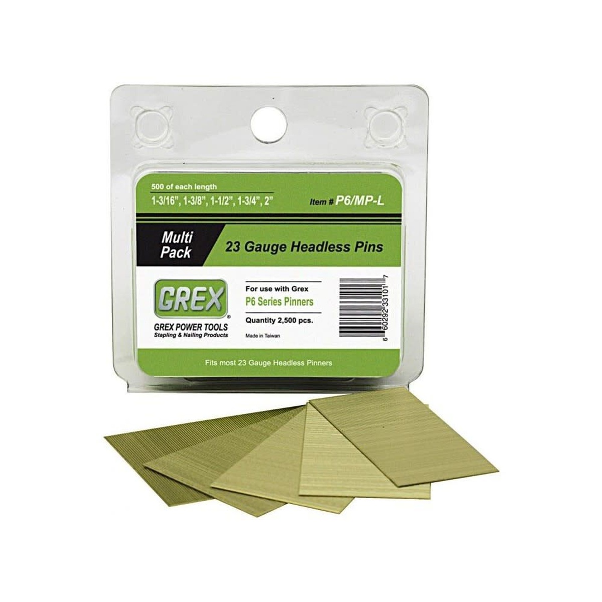Grex P6 23-Gauge Pin Nail Multi Pack, 1-3/16 to 2, 2500 Pack packaged headless pins for finish fastening and trim work in a woodworking shop