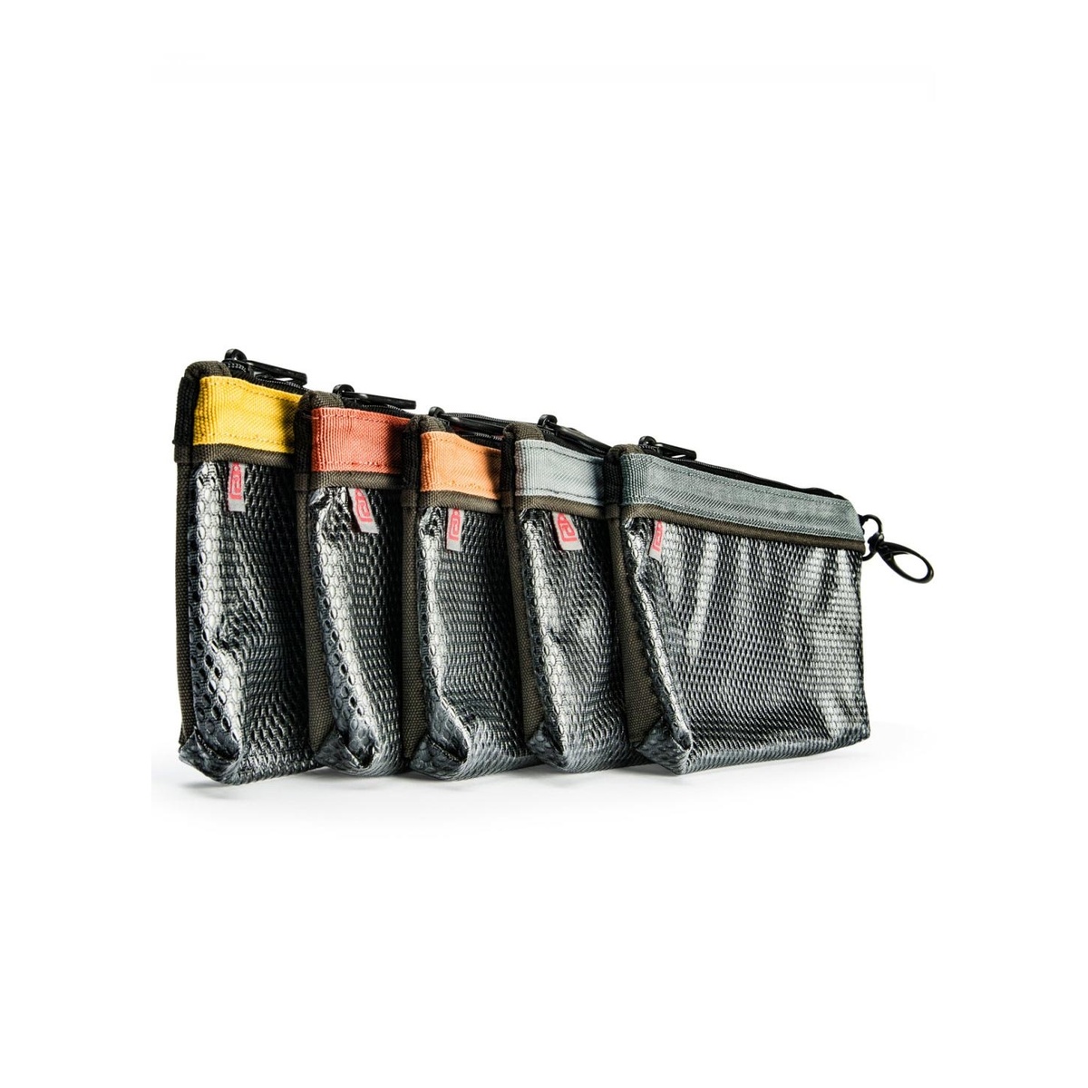Veto Pro Pac PB5 Zippered Tool Pouches 5-Pack arranged for small parts storage in a workshop or jobsite organization setup
