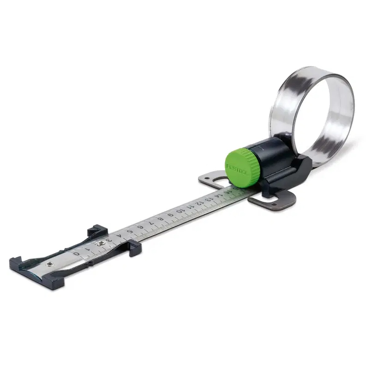 Festool 201184 Carvex Jigsaw Circle Cutter, Imperial accessory with measuring arm and locking knob for radius cuts on woodworking projects in a shop setting