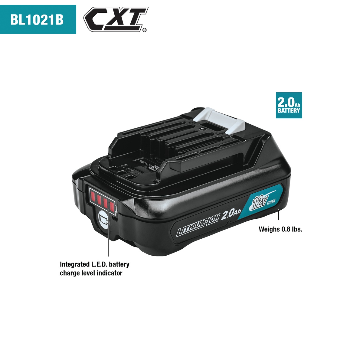 Makita BL1021B 12V max CXT Lithium-Ion 2.0Ah Battery with LED charge indicator for compact cordless tool use on service and installation jobs
