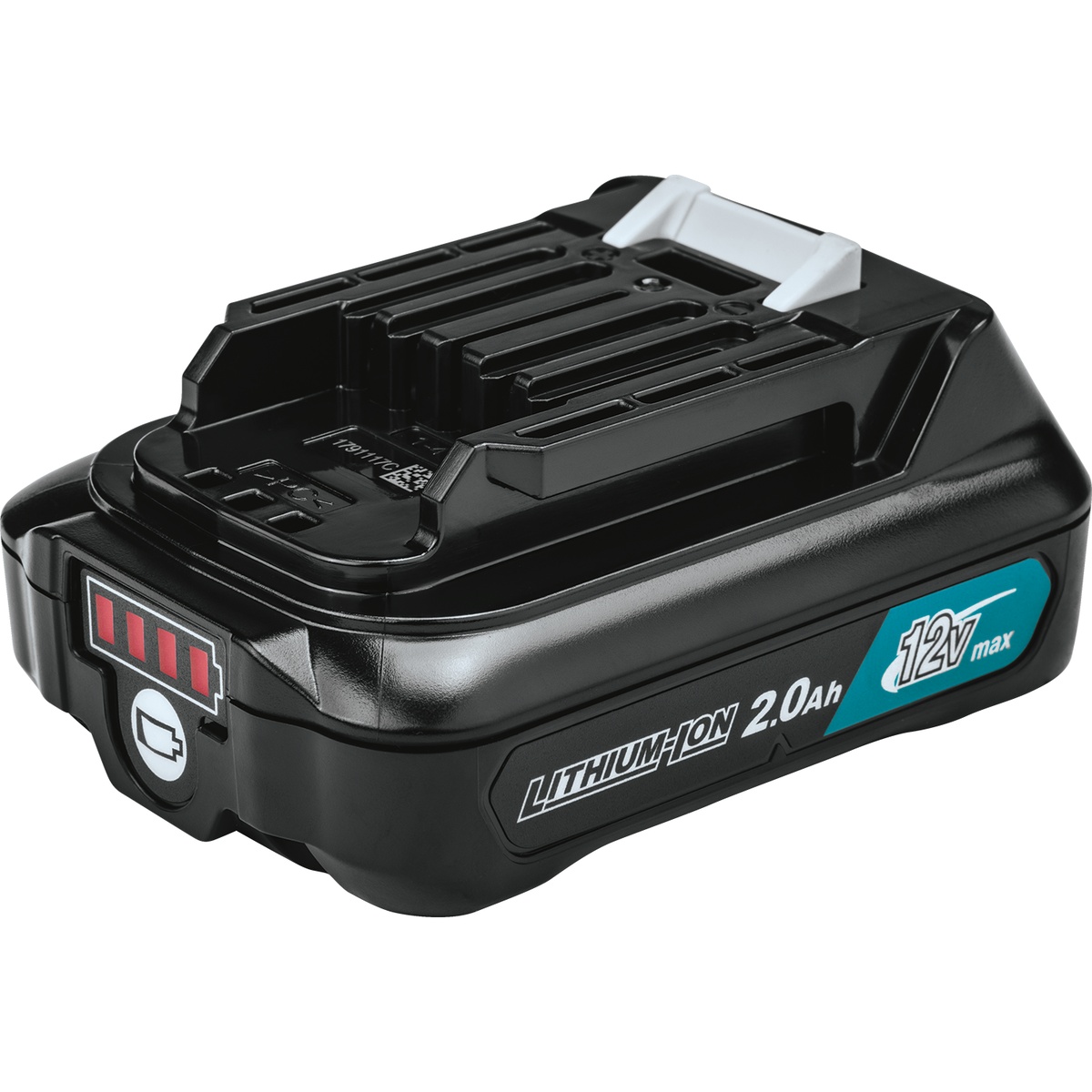 Makita BL1021B 12V max CXT Lithium-Ion 2.0Ah Battery close view showing slide-style connection and battery level indicator for shop and jobsite charging rotation