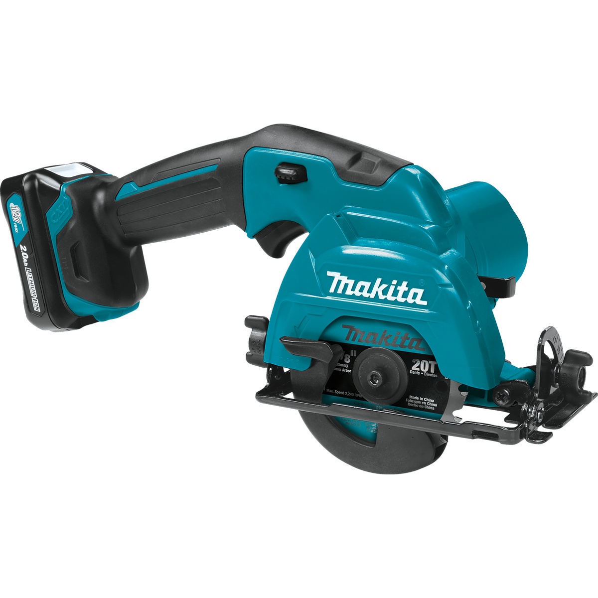 Makita SH02R1 12V max CXT Lithium-Ion Cordless 3-3/8 in. Circular Saw Kit set up for compact cutting work in tight remodeling spaces