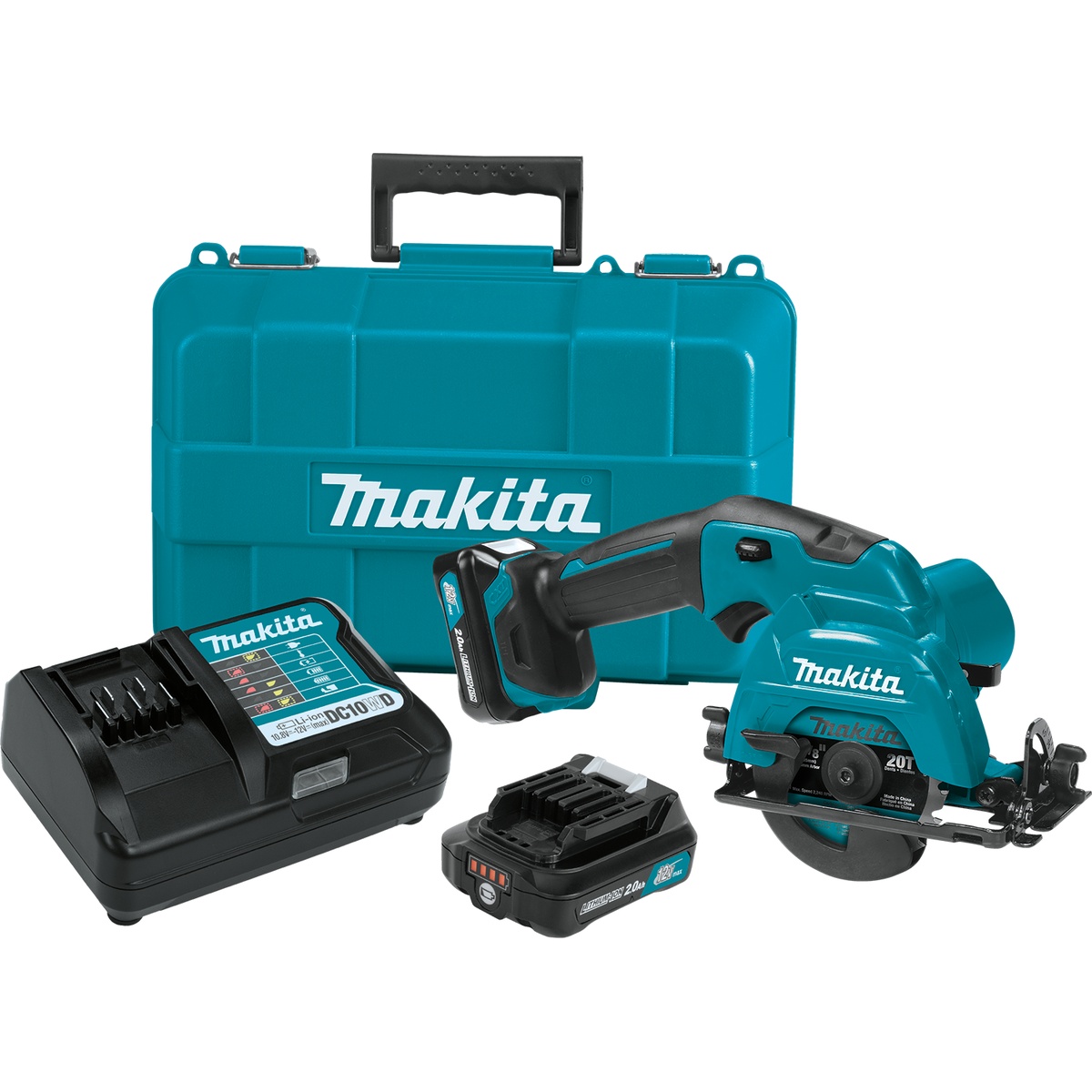Makita SH02R1 12V max CXT Lithium-Ion Cordless 3-3/8 in. Circular Saw Kit with case, charger, and batteries for jobsite storage and transport