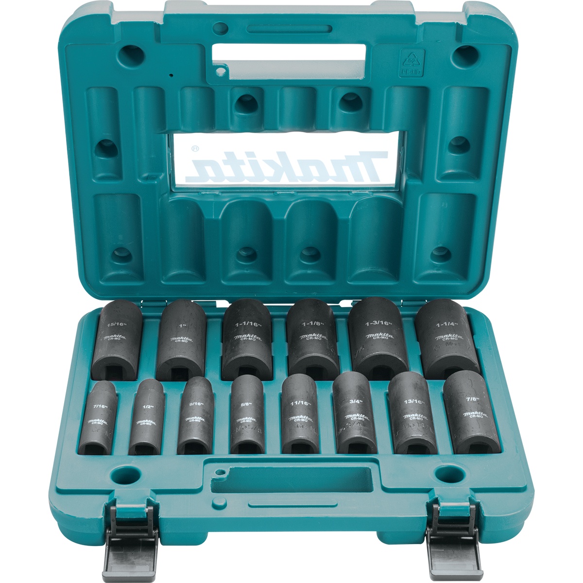 Makita A-96372 14 Pc. 1/2 inch Drive Deep Well SAE Impact Socket Set with SAE deep sockets arranged in storage case for fastening and removing nuts on long threaded bolts in shop and jobsite work