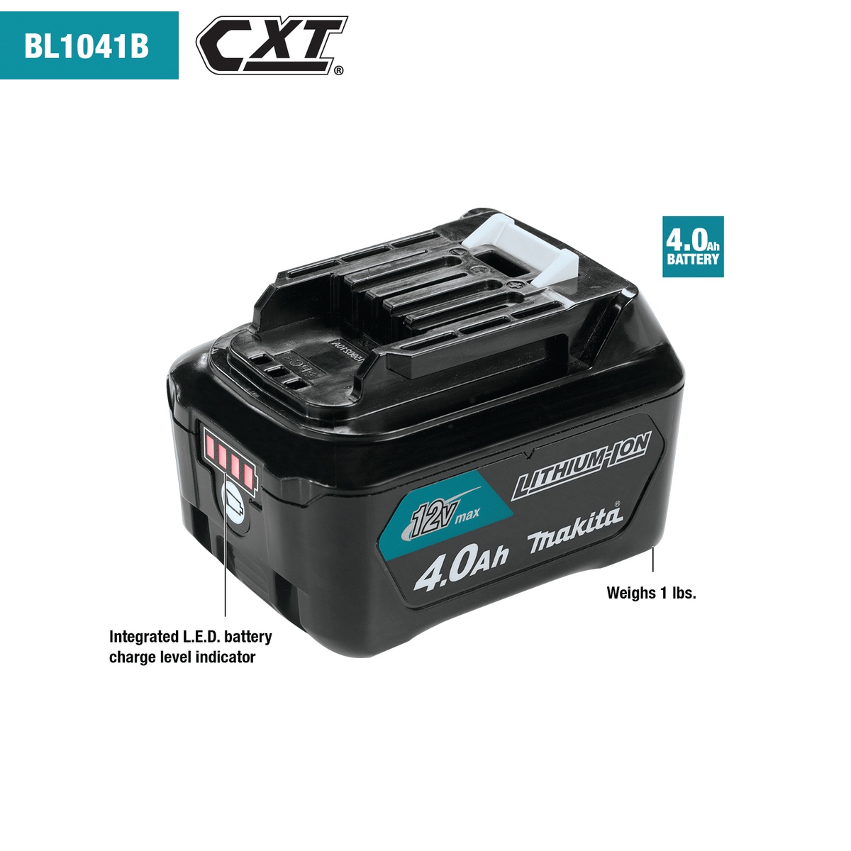 Makita BL1041B 12V max CXT Lithium-Ion 4.0Ah Battery with LED fuel gauge for compact cordless jobsite tools