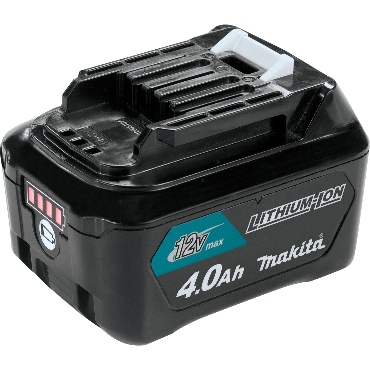 Makita BL1041B 12V max CXT Lithium-Ion 4.0Ah Battery close-up showing integrated LED charge indicator on a compact slide battery pack