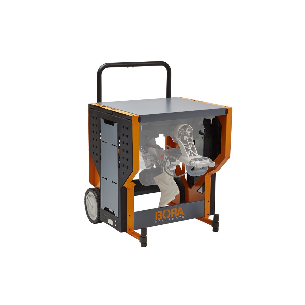 BORA Portacube STR Miter Saw Workstation folded into compact storage mode with a miter saw housed inside the frame for workshop storage
