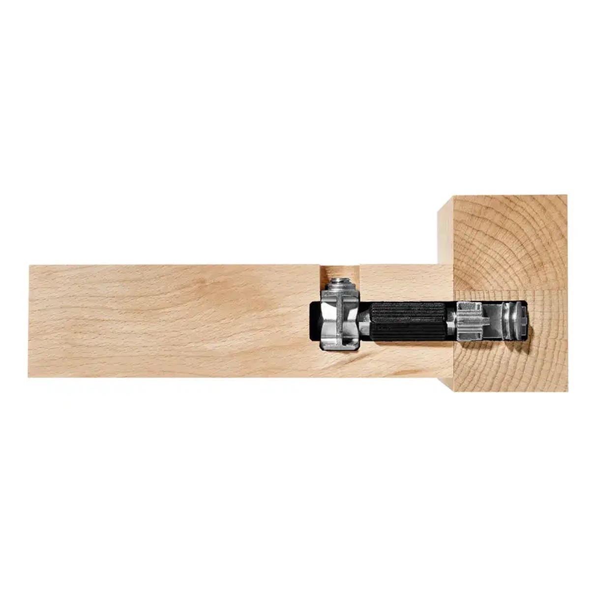 Festool Domino XL connector hardware installed in thick wood stock for a corner joint in cabinet or furniture construction