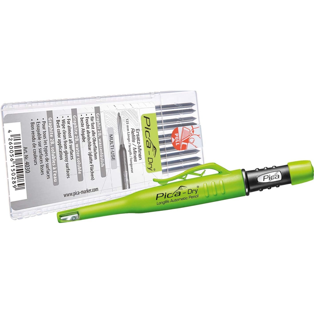 Pica Dry 3030-4030 Longlife Automatic Pencil and Graphite Refill Set with graphite 2B refill case for multi-surface marking