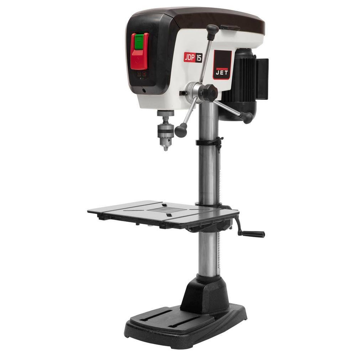 Jet JDP-15B 15 in. benchtop drill press set up in a workshop for precision drilling on a bench with cast iron base and work table