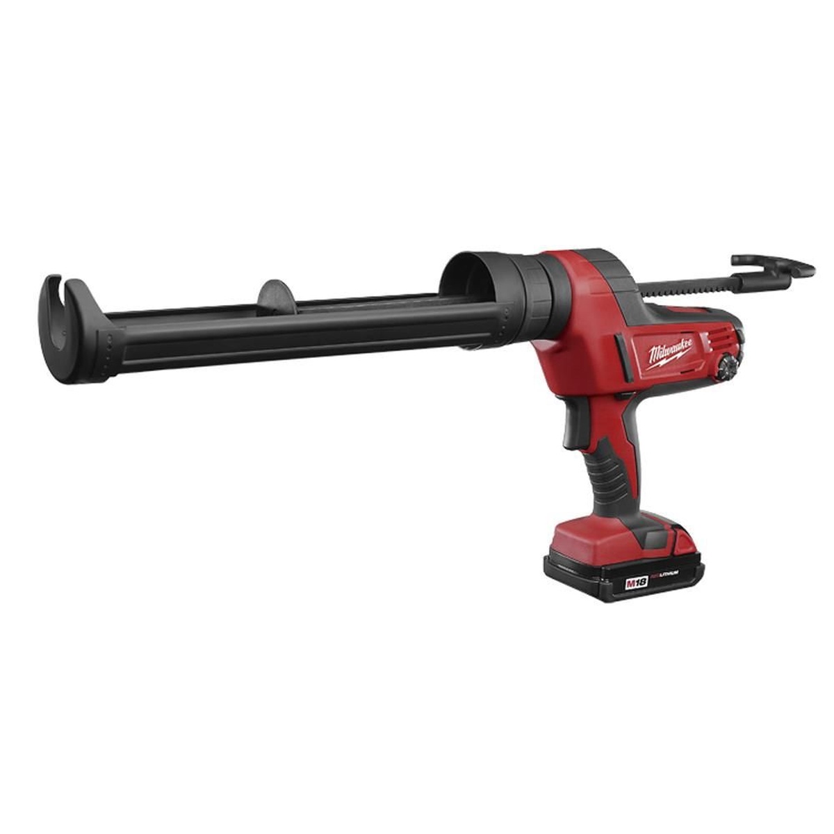 Milwaukee quart carriage conversion kit installed on a Milwaukee M18 caulk and adhesive gun for larger tube dispensing during adhesive and sealant application work