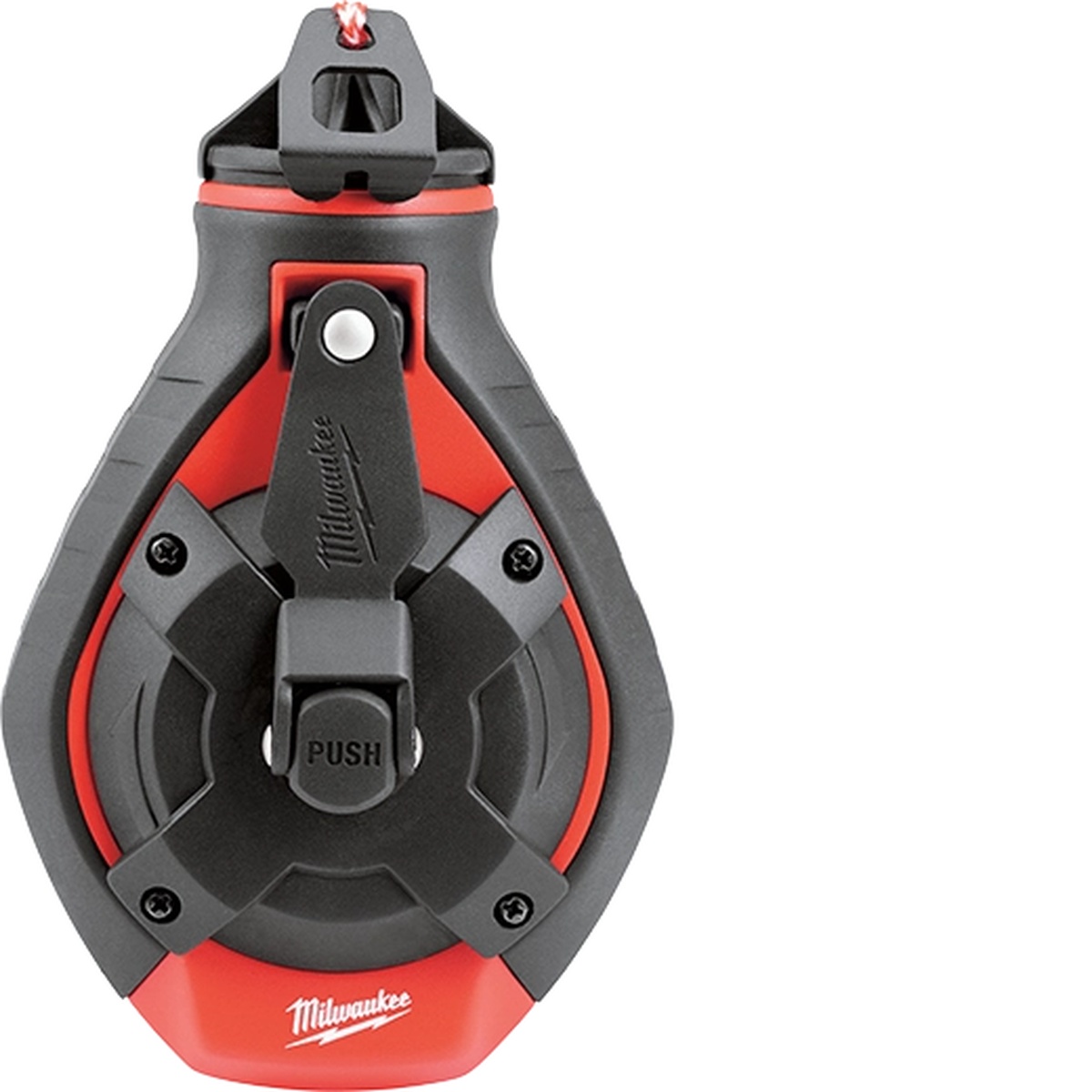 Milwaukee 48-22-3986 chalk reel front view showing compact body, handle, and durable jobsite-ready housing