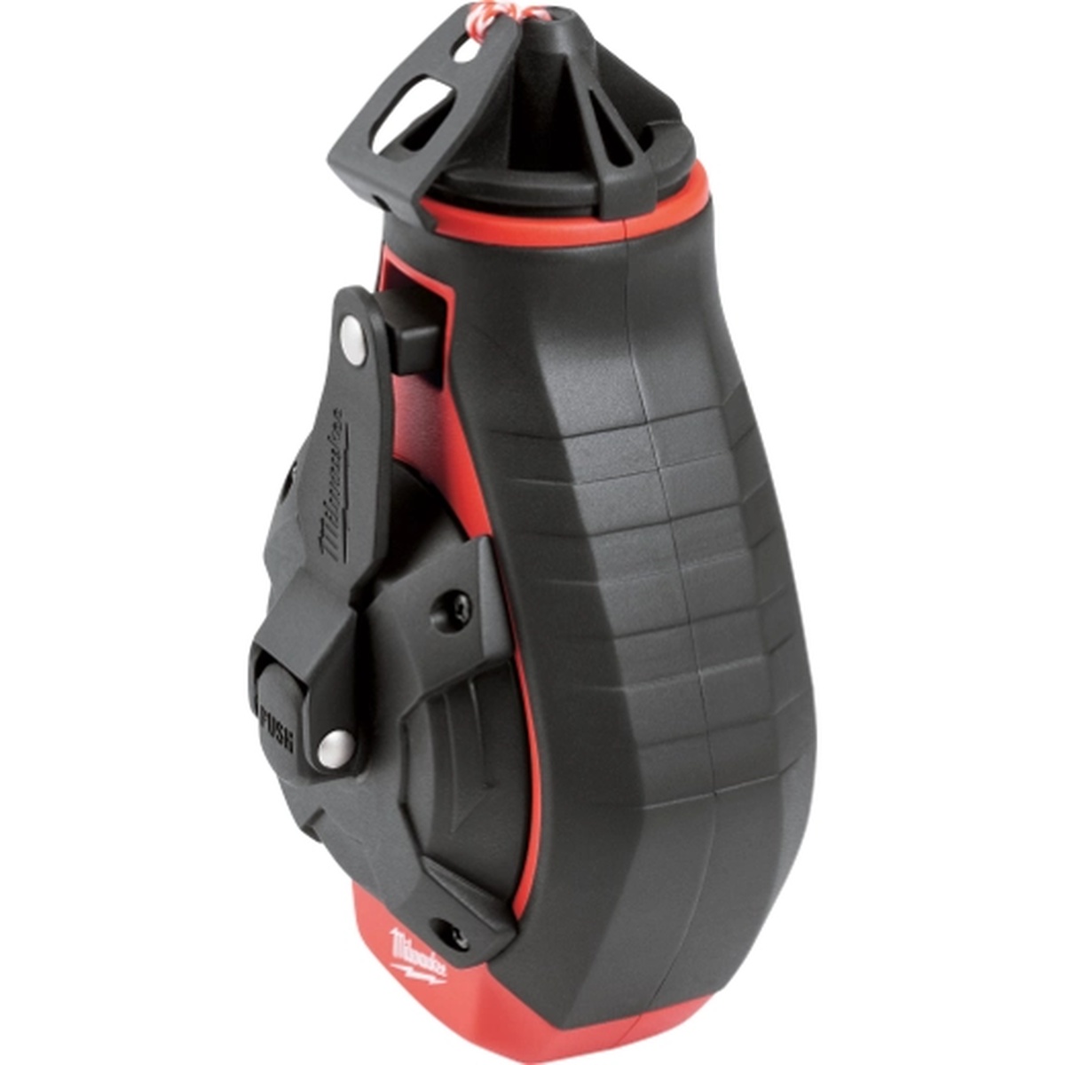 Milwaukee 48-22-3986 chalk reel side view showing rubber overmold grip and flush handle storage for jobsite carry