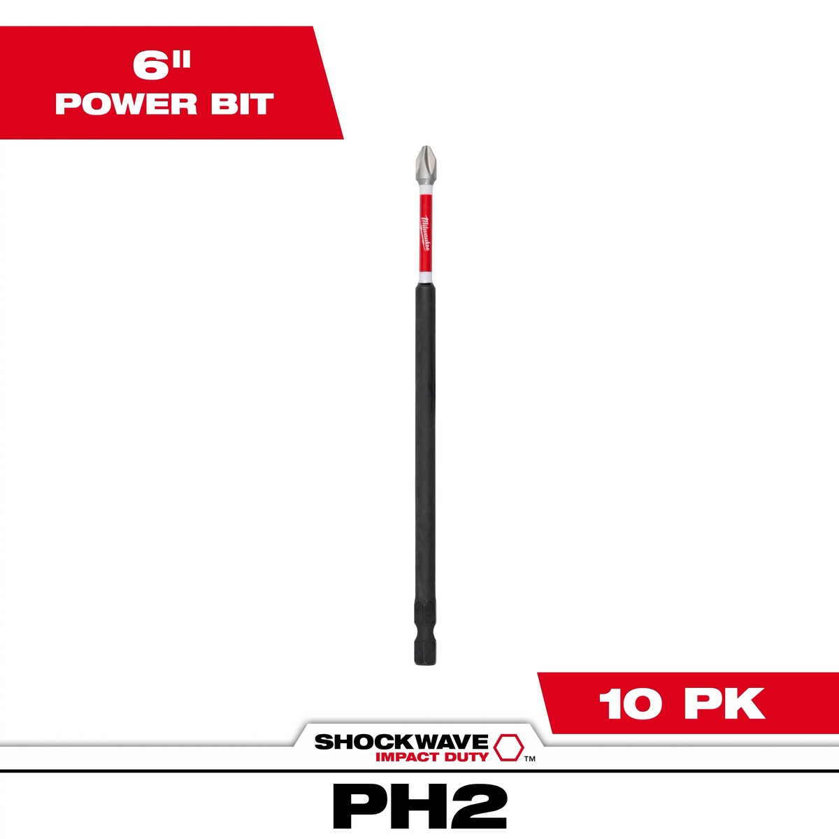 Milwaukee 48-32-4207 SHOCKWAVE 6 inch Impact Duty Phillips #2 power driver bit shown as a long-reach fastening bit for impact drivers and drill drivers