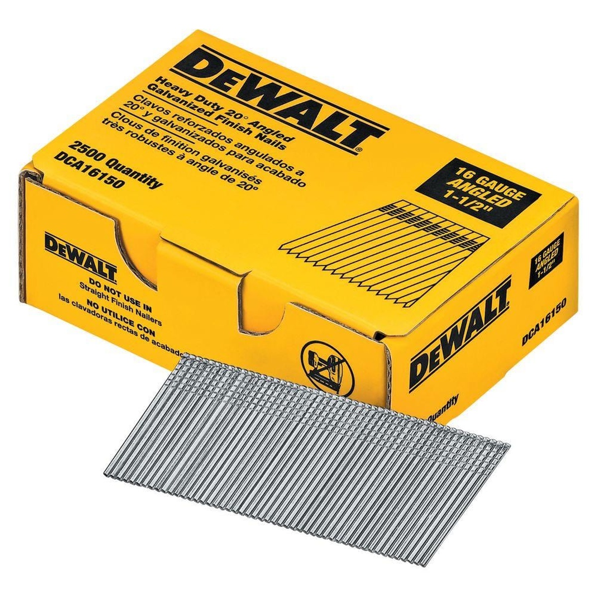 DEWALT DCA16150 Collated Finishing Nails box and angled nail strip for trim installation and finish carpentry work