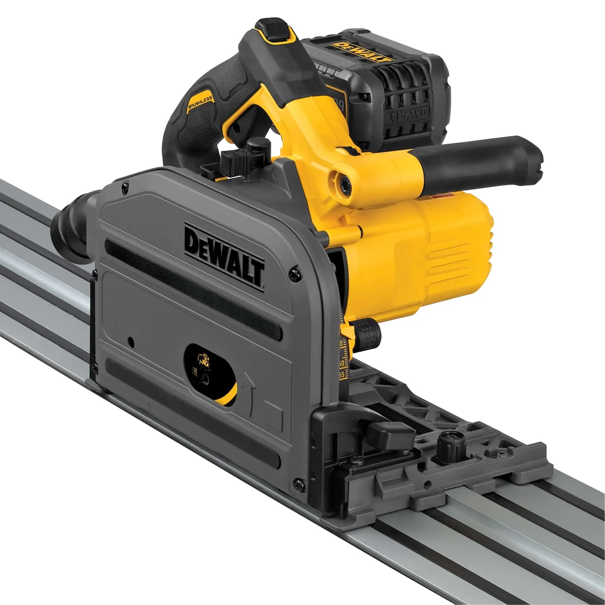 DeWALT DCS520ST1 60V MAX Brushless Cordless 6-1/2 in. Track Saw Kit shown with battery installed on the included guide rail for precision cutting setup