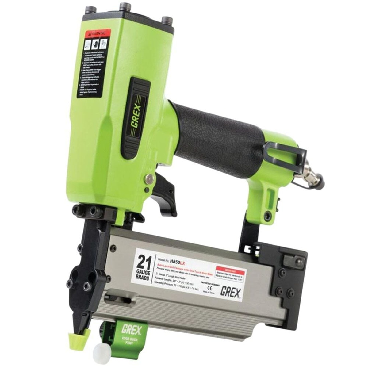 Grex H850LX 21-Gauge Brad Nailer with Free Edge Guide product view showing the 21 gauge finish nailer body, magazine, and edge guide for trim fastening and cabinetry work