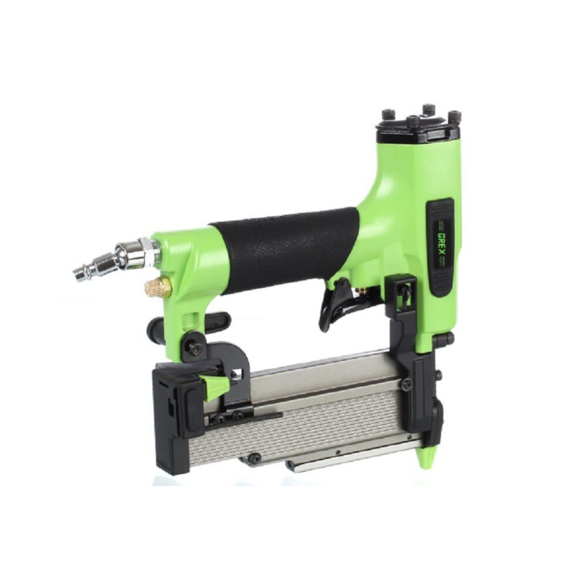 Grex H850LX 21-Gauge Brad Nailer with Free Edge Guide side view showing magazine, trigger, air fitting, and edge guide for precision fastening in woodworking and finish carpentry