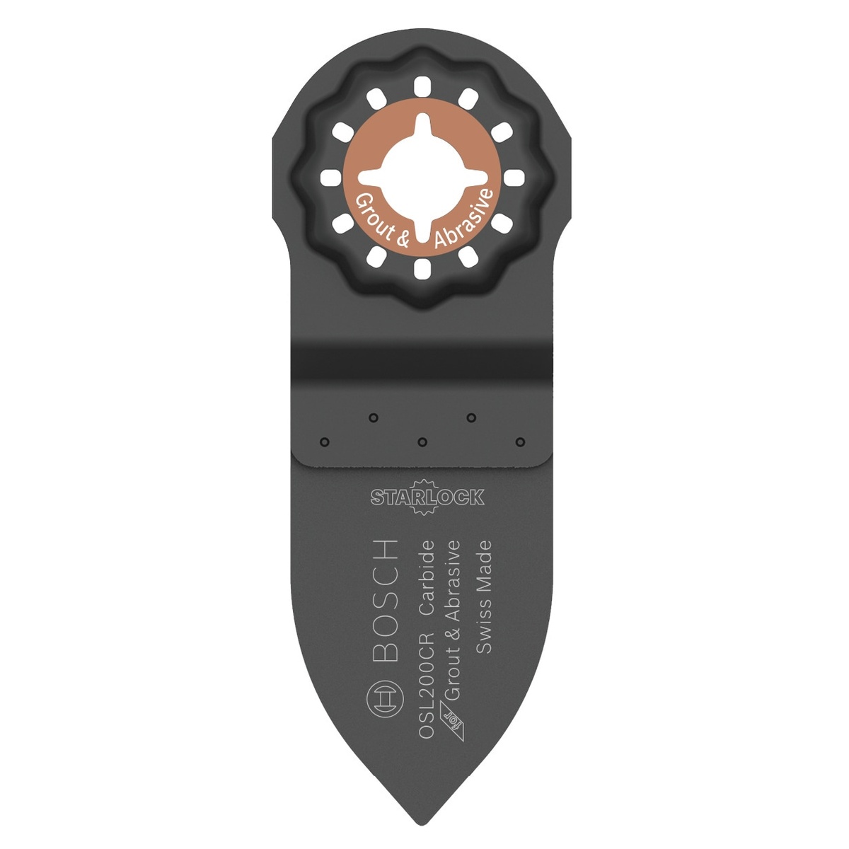 Bosch OSL200CR 2 In. Starlock Carbide Grit Sanding Finger close-up showing carbide grit abrasive surface and Starlock interface for oscillating multi-tool use
